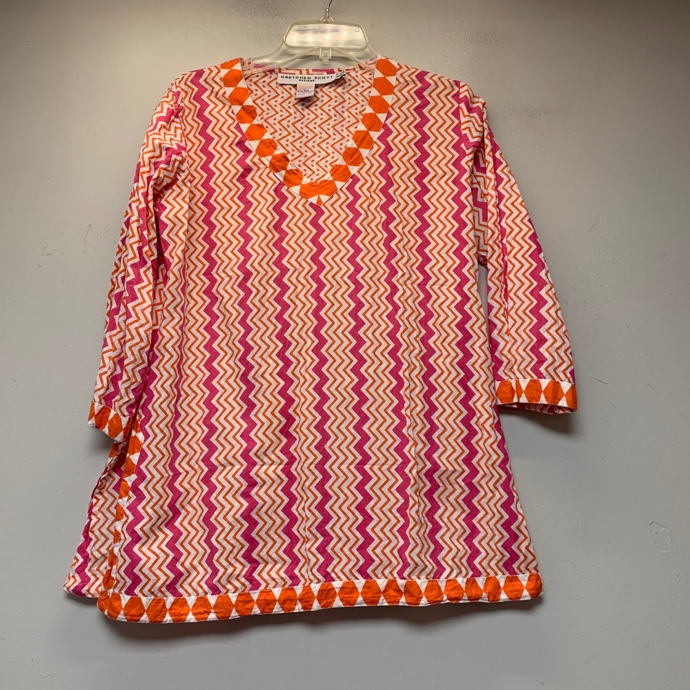 Gretchen Scott Tunic Top Womens Small Pink Orange Zigzag Cotton Excellent Preppy